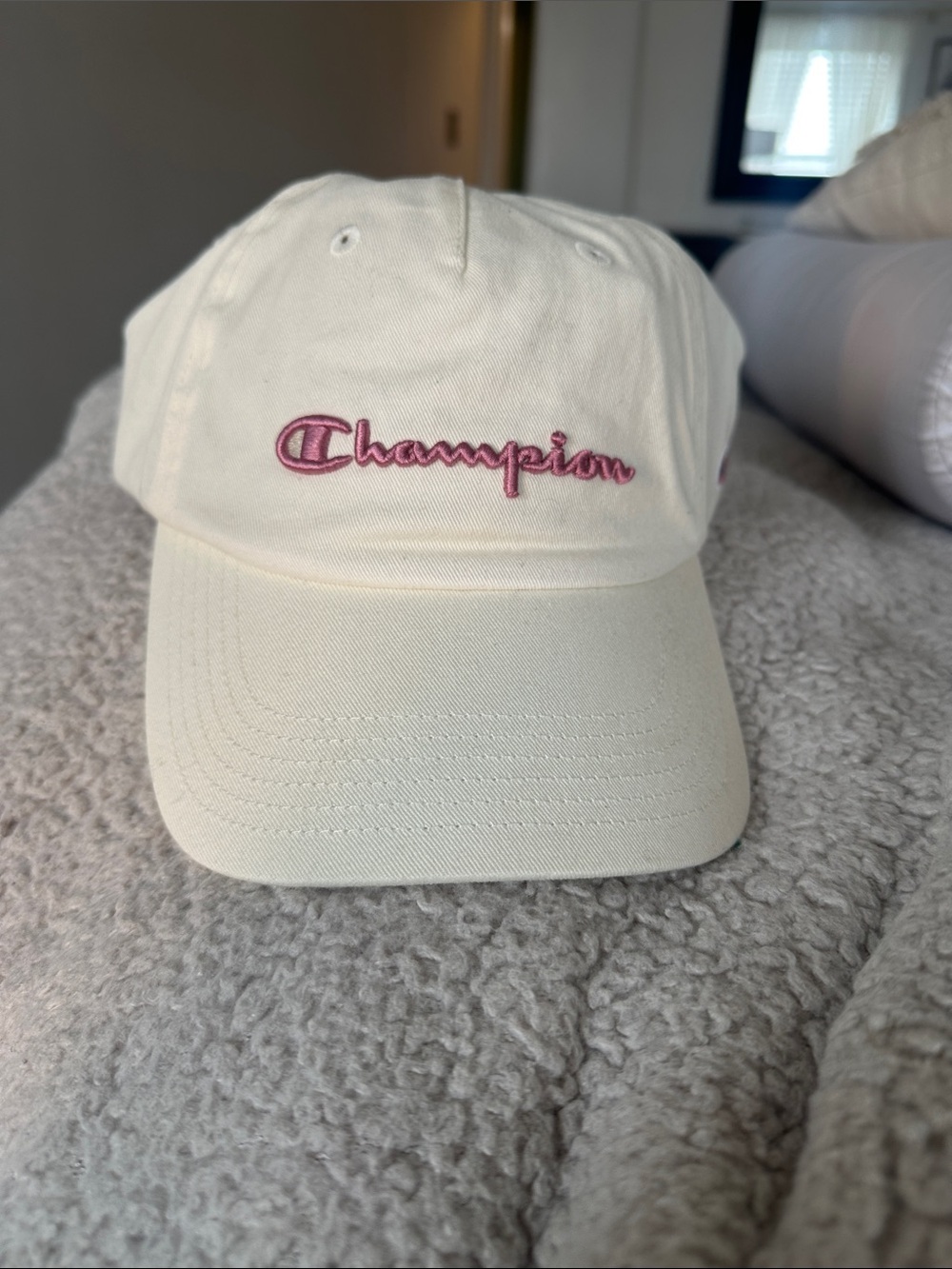 Champion Cream Baseball Cap with Pink Script Logo